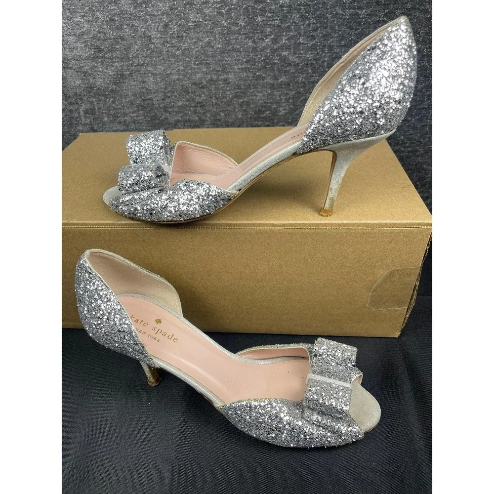 Kate Spade Silver Glitter Bow Peep Toe d'Orsay Stiletto Heels Pumps Size 7.5